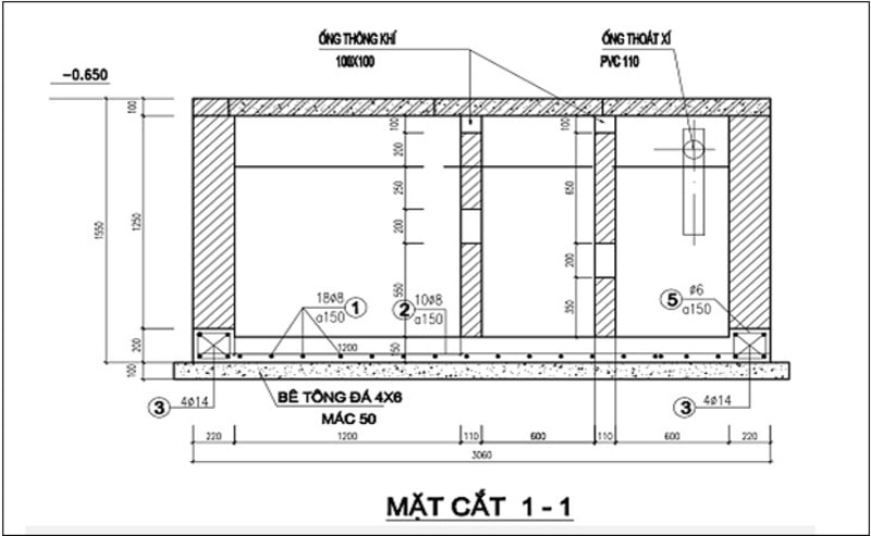 Số lượng và vị trí ống thông giữa các ngăn phụ thuộc vào kích thước bể phốt